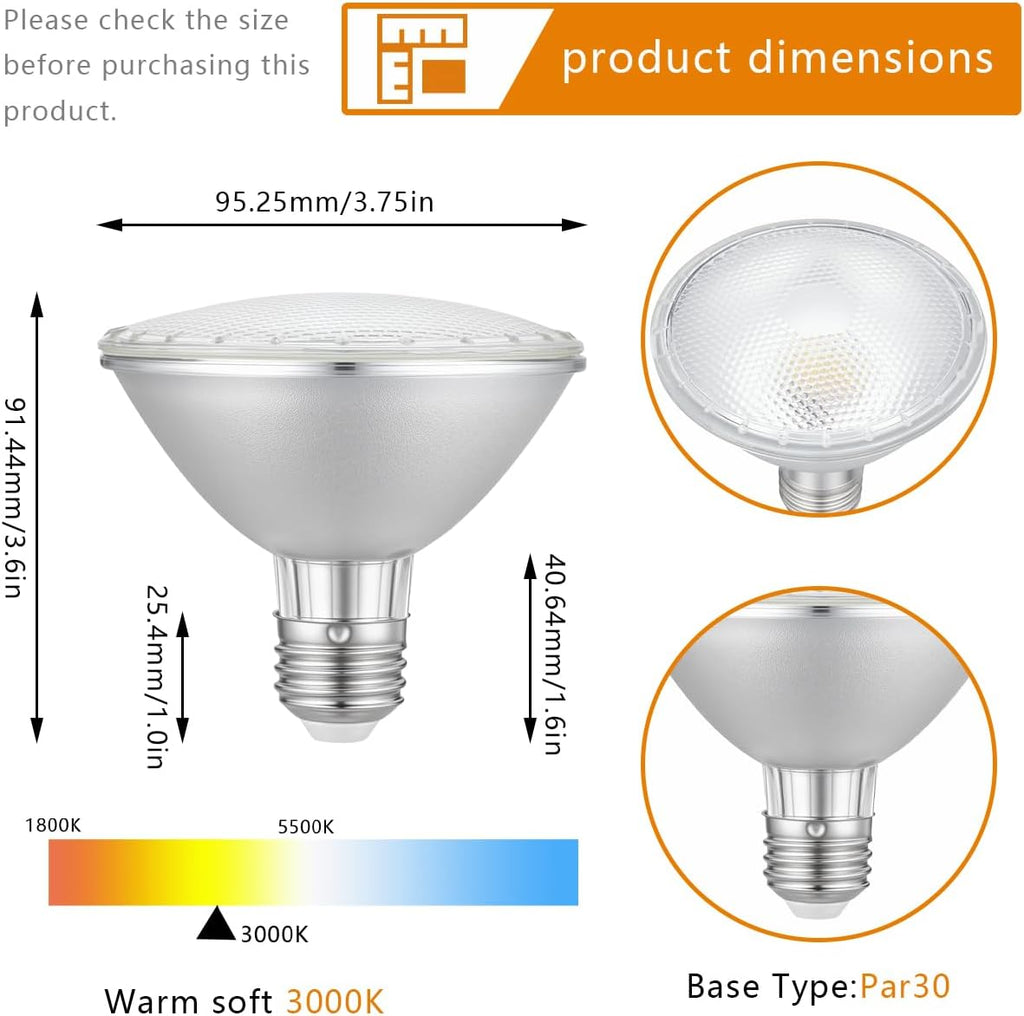 PAR30 LED Short Neck Flood Light Bulbs, E26 Base, 120V, 10W, Waterproof, 75W Equivalent, Replacement for Accent