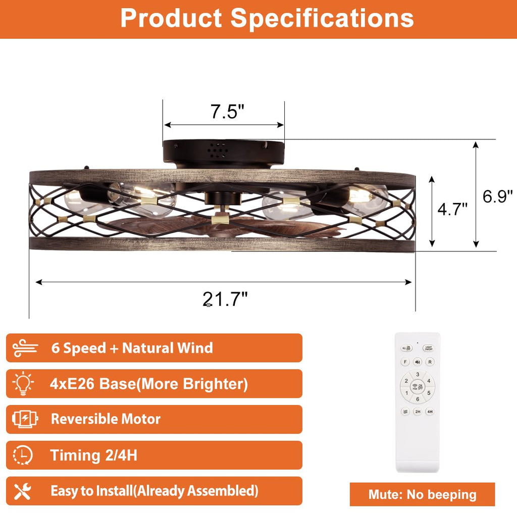 21.7" Farmhouse Flush Mount Caged Ceiling Fans with Lights and Remote, Low Profile Fandelier Ceiling Fan with Light