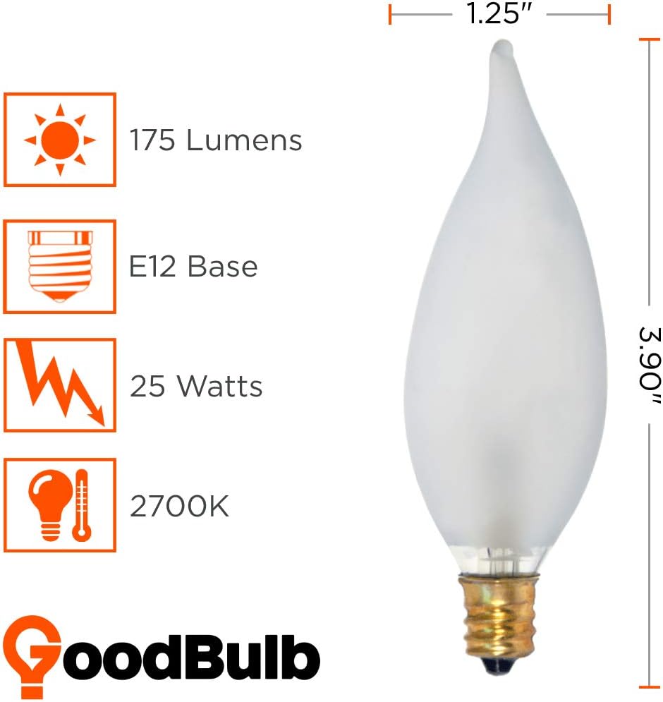 25 Watt Flame Tip Candelabra Light Bulbs CA10 Frosted Finish E12 Base 2700K Soft White Light CFF Dimmable 25W 175