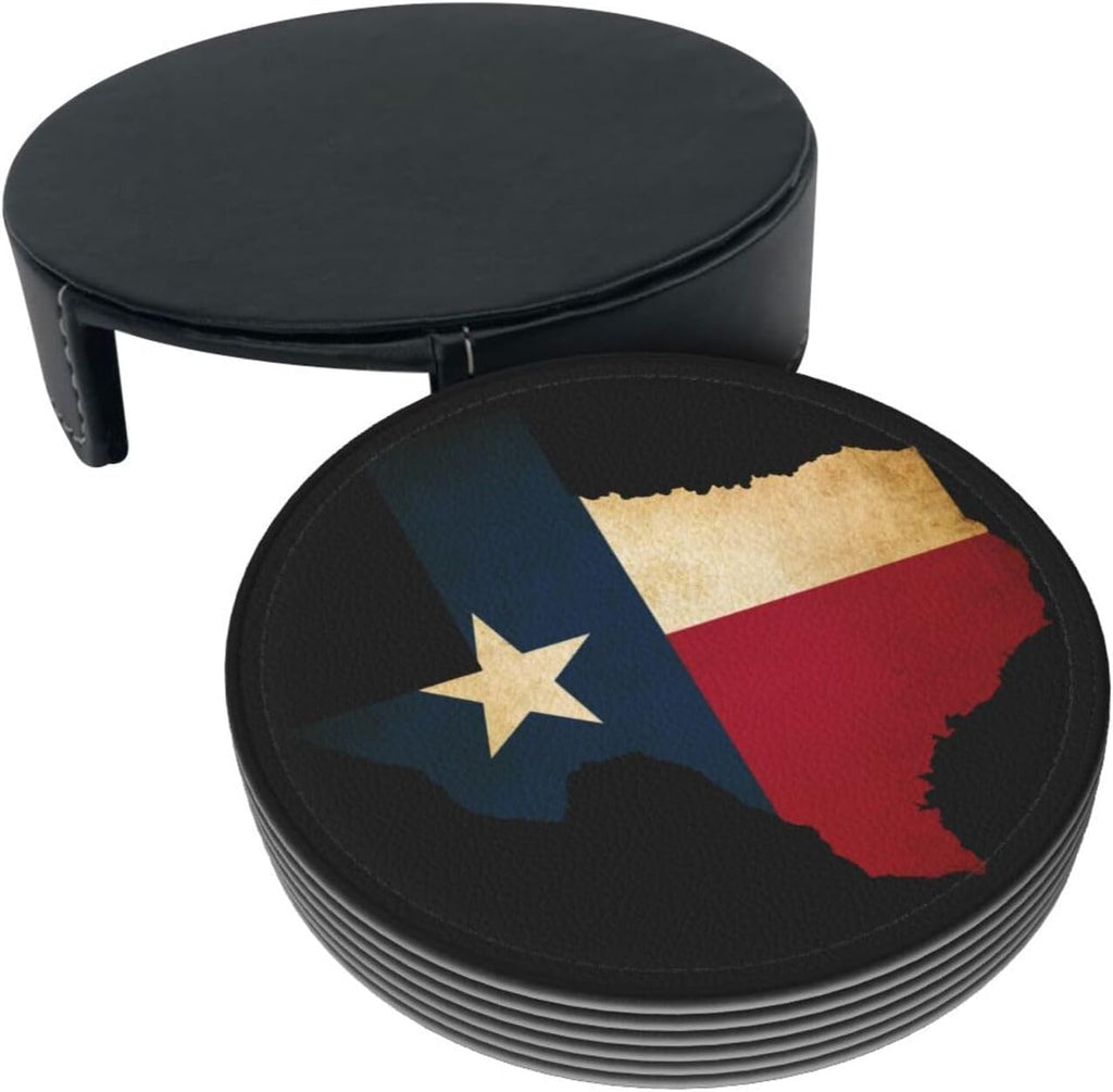 Texas Flag Coasters for Drinks with Holder Round Leather Coasters Cups Mugs Mat Pad Kitchen Bar - Set of 6