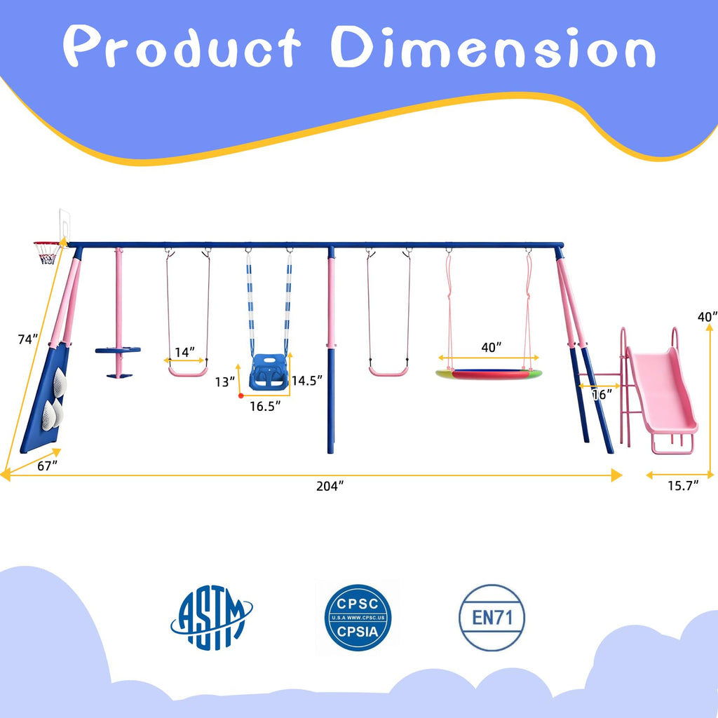 8-in-1 Kids Swing Sets for Backyard with Slide