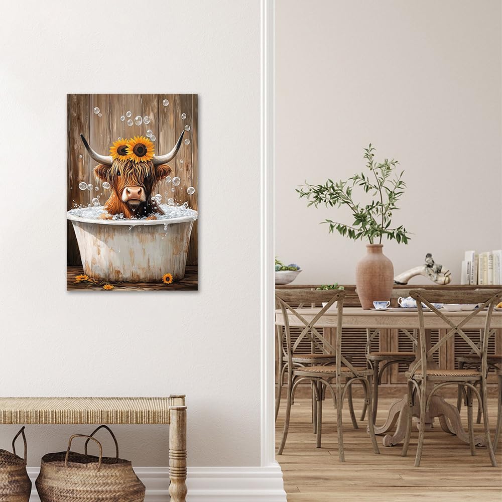 Highland Cow Canvas Wall Art: Sunflowers Farmhouse Artwork, Cow Pictures Bathroom Decor Ready to Hang 16x24inch