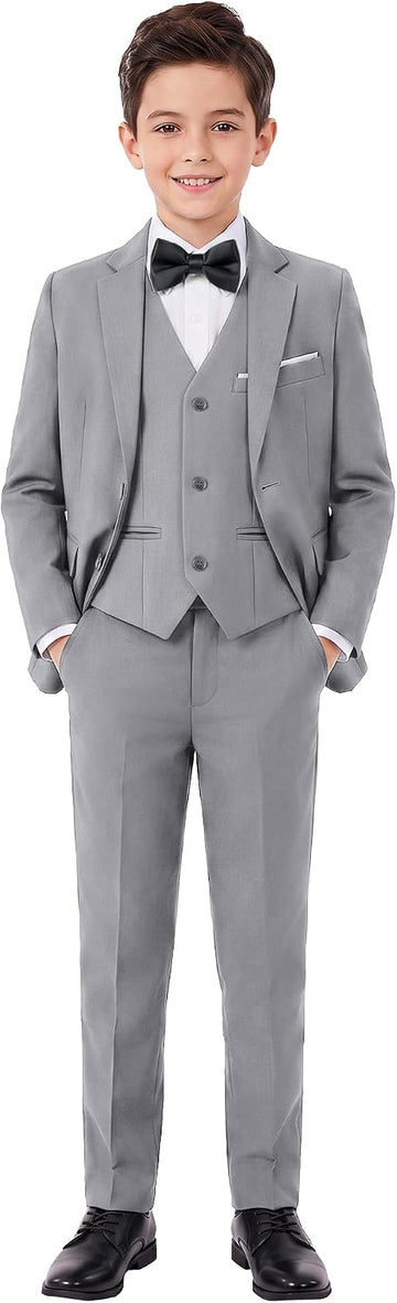 Boys Multiple Colour Formal Dress Suits 5 Piece Slim Fit Dresswear Suit Set with Kids Suspenders