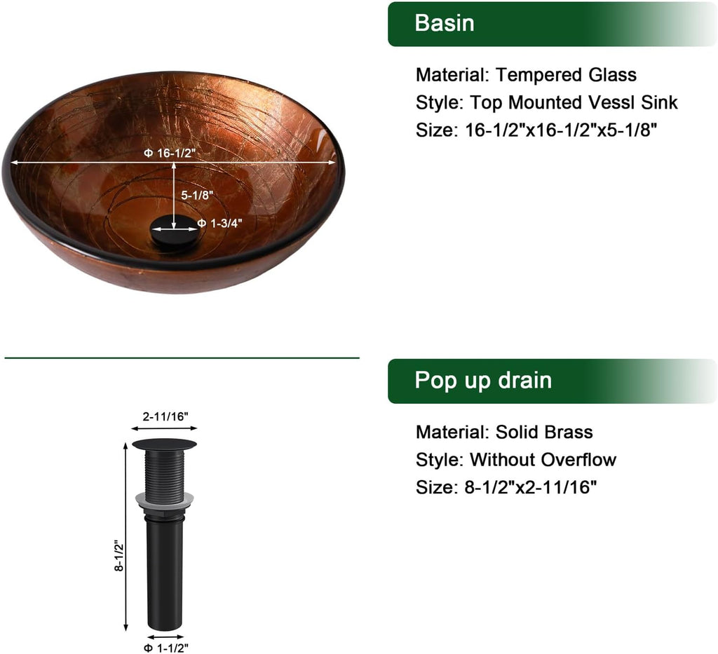 Artistic Vessel Sink Bathroom Vessel Sink Round Brown Tempered Glass Vanity Round Bowl With Pop-up Drain 16-1/2