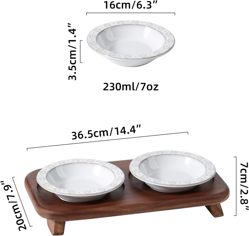 Ceramic Cat Food Bowl, 6.1" Raised Cat Bowls with Acacia Wood Stand