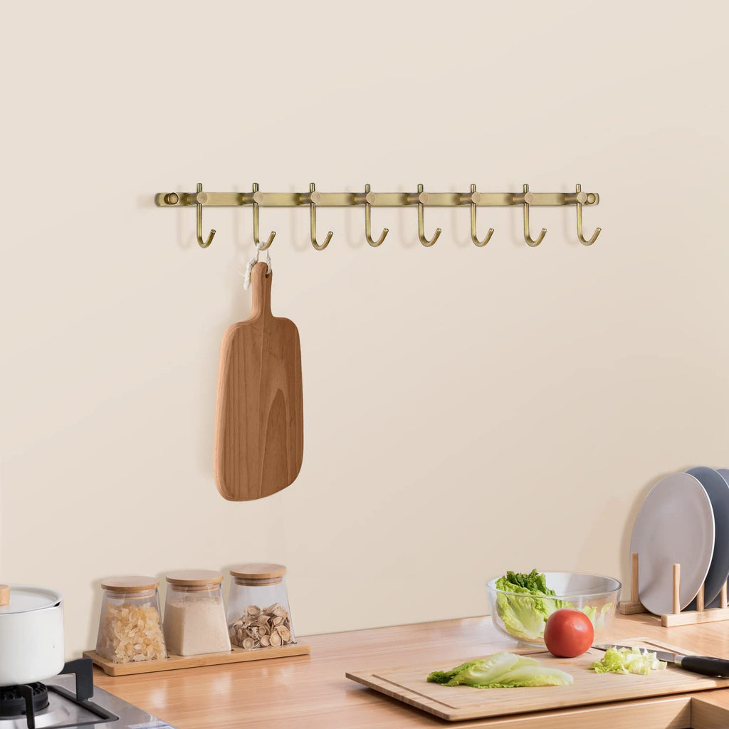 Antique Brass Hooks, 8 Hook Coat Rack, Bath Wall Mounted Vintage Brushed Brass Bathroom Row Hooks Rustic Towels Coats