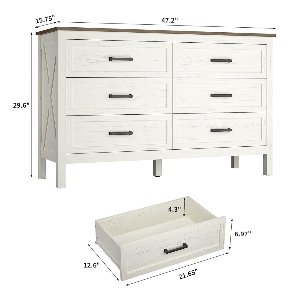 Farmhouse 6 Drawers Dresser, Antique White