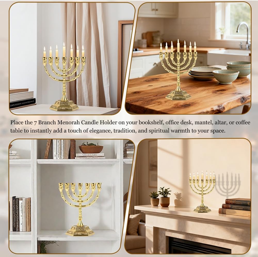 7 Branch Hanukkah Candle Holder Gold Candelabra with 12 Tribes of Israel Design, 5 Inch Jewish Candle Holder
