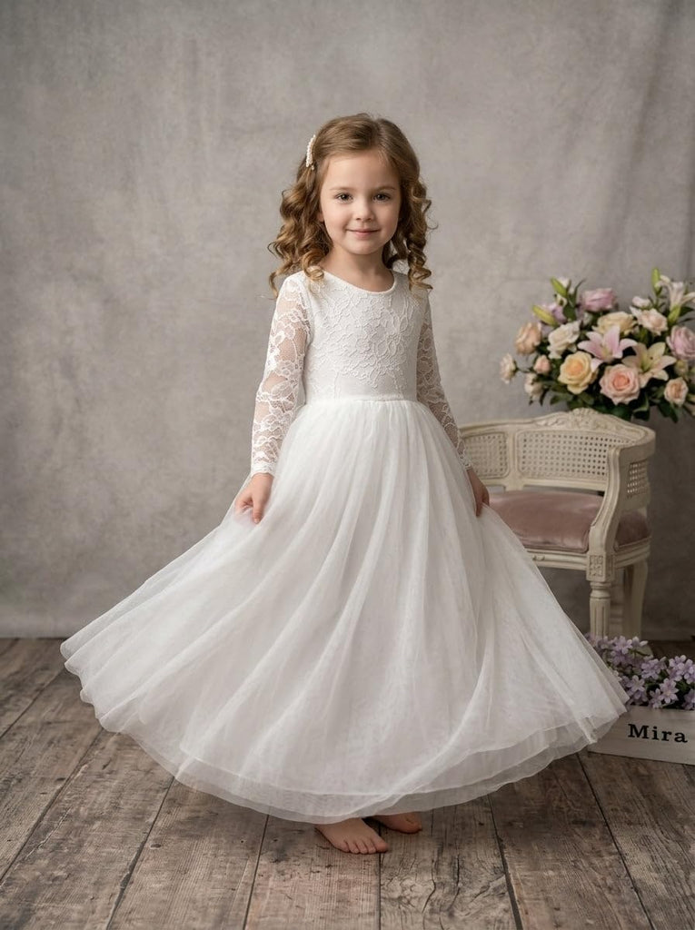 Flower Girl Dress Long Sleeve First Communion Dress Lace/Tulle Toddler Dresses for Wedding Bridesmaid Garden Party