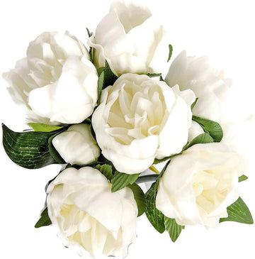 Artificial Peony Flowers 6 Pack 14Inch Milky White Real Touch Latex - Home Decor Bathroom Table Centerpieces Wedding - Set of 6