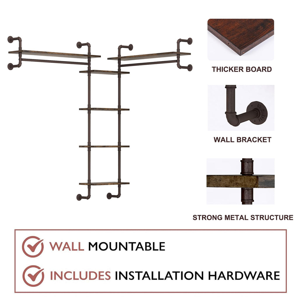 5-Tiers 74inch Large Rustic Industrial Pipe Floating Shelving, Wall Mounted Heavy Duty Clothes Rack with Double