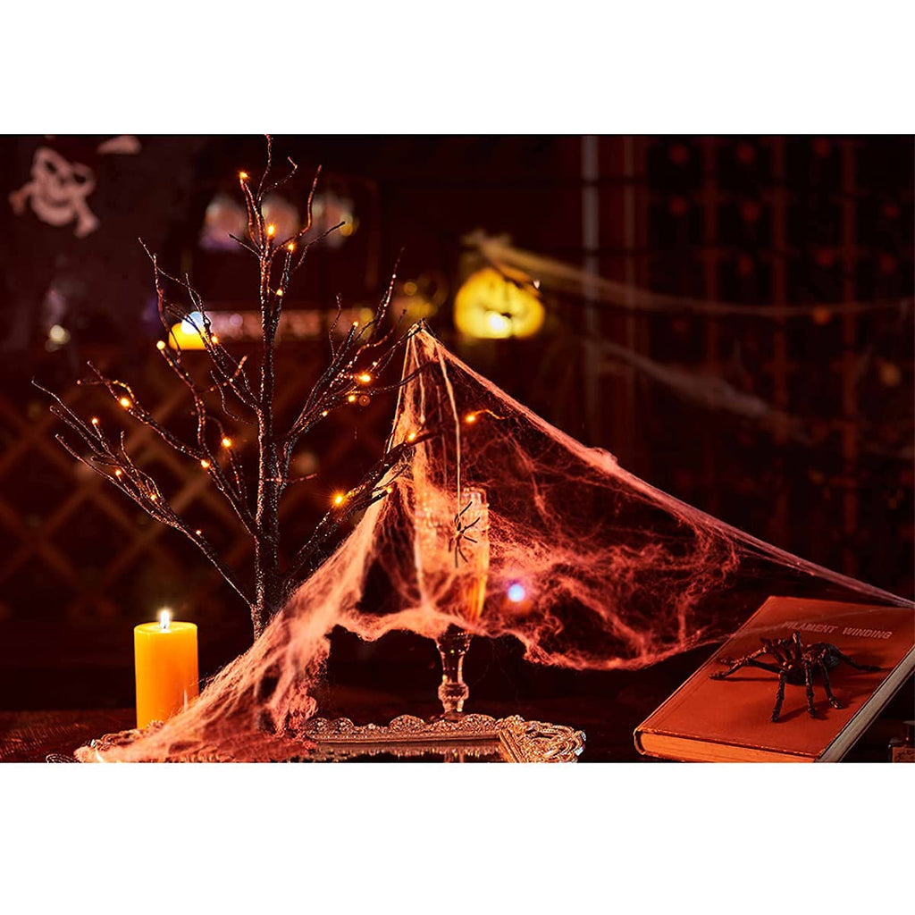 Black Halloween Tree with Lights 24 LED Orange with Timer, Lighted Tabletop Glittered Spooky Tree Artificial 18in for