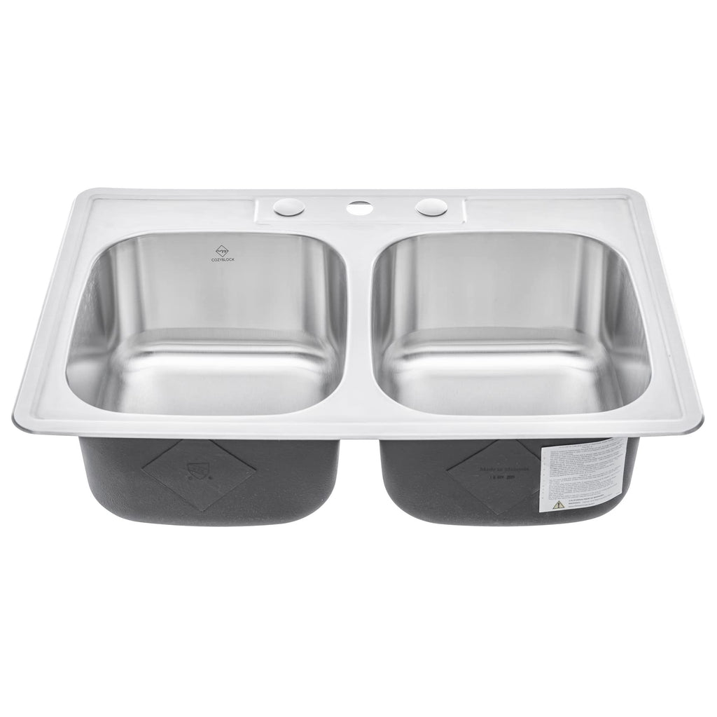 CozyBlock 33" x 22" 50/50 Double Bowl Drop- Sink with Strainer