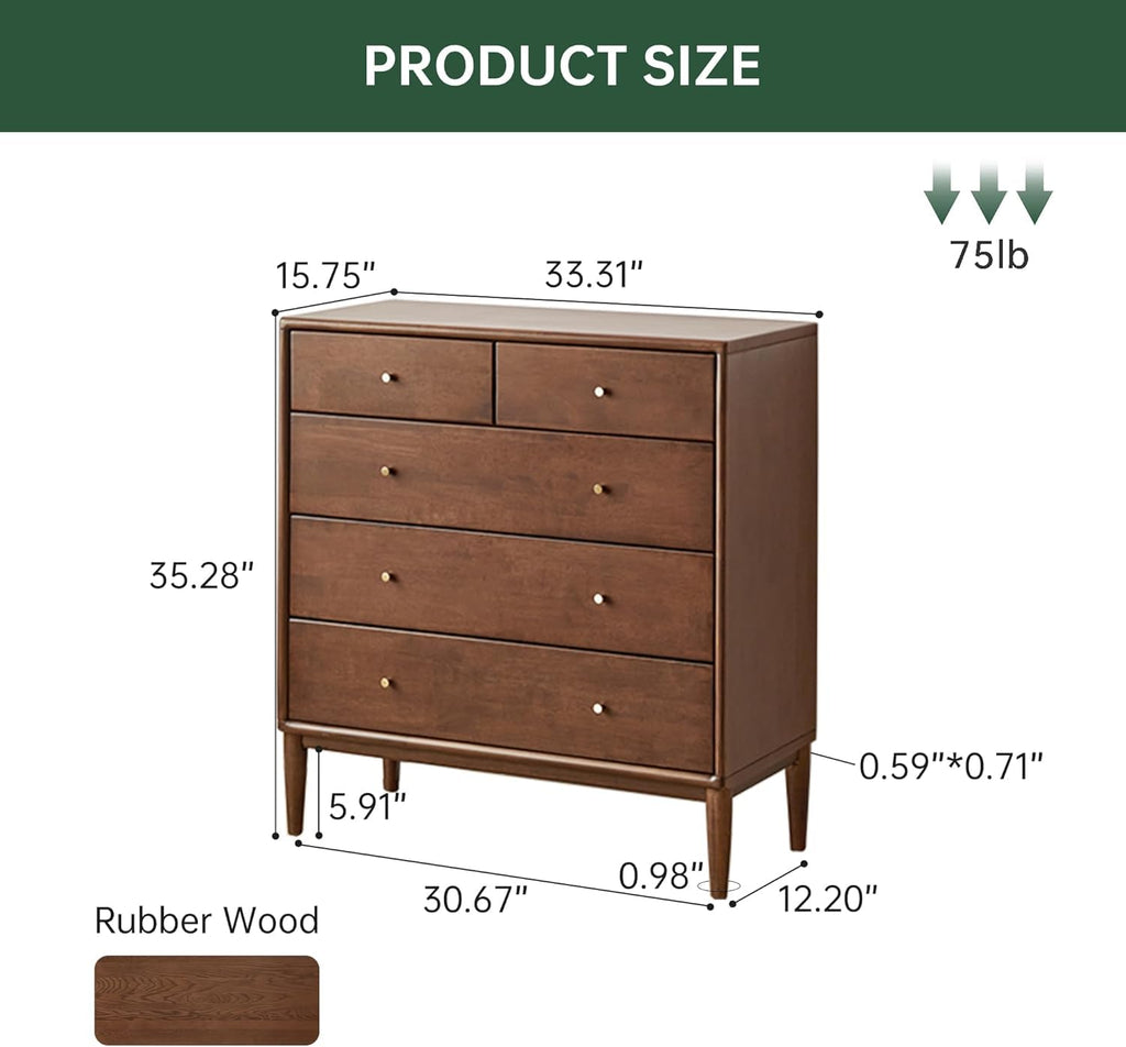 100% Solid Wood Nightstand with 5 Drawer, 5 Drawer Side Table, Wooden Storage Organizer, Tall Walnut Nightstand