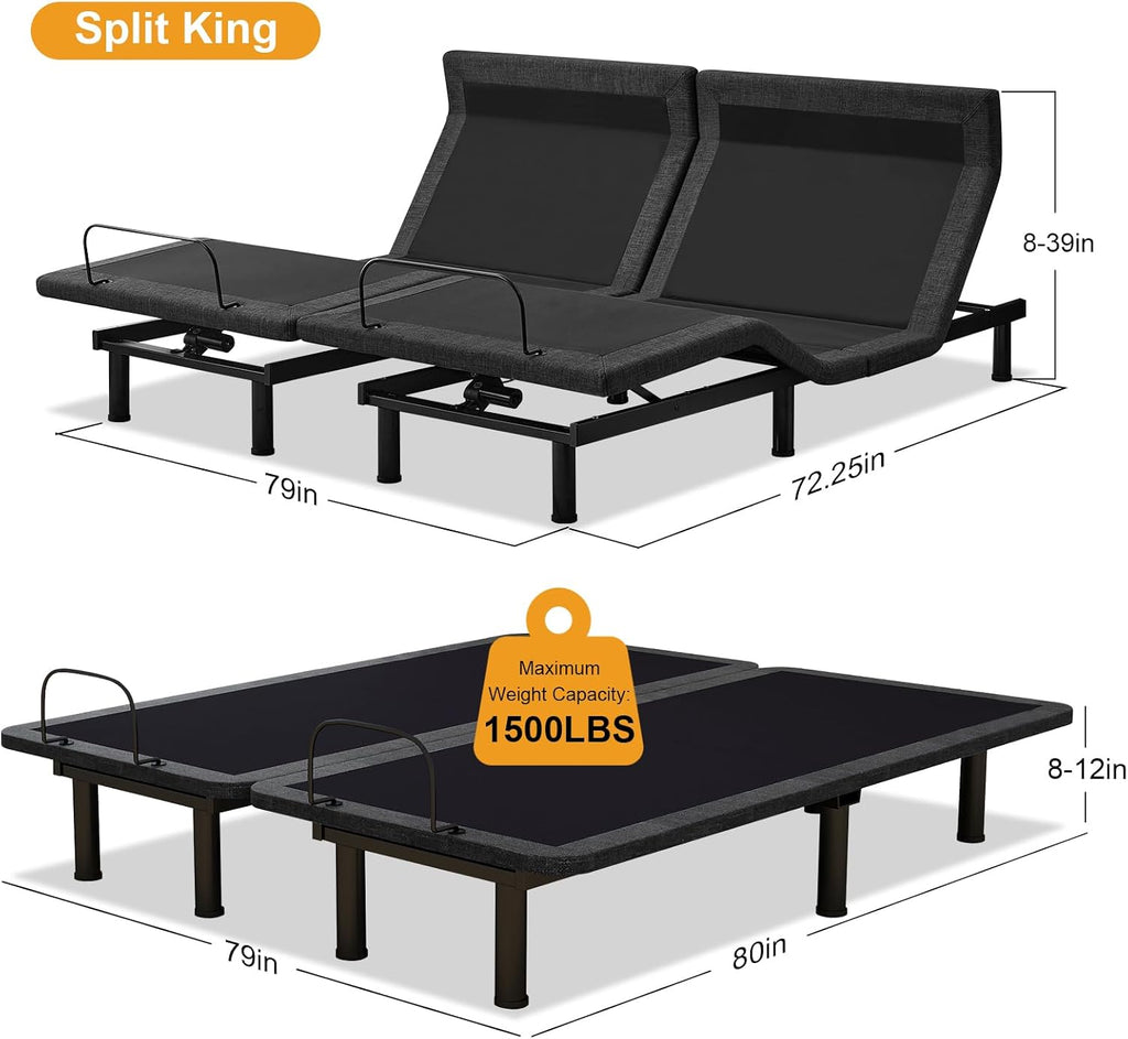 Split King Adjustable Bed Frame with Head and Foot Lift & Head-Pillow-Tilt, Electric Bed Base with Under-Bed LED