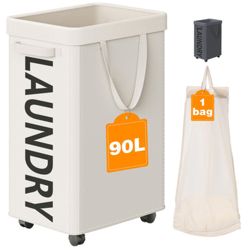 90L Laundry Basket with Wheels, Rolling Hamper with Removable Bag