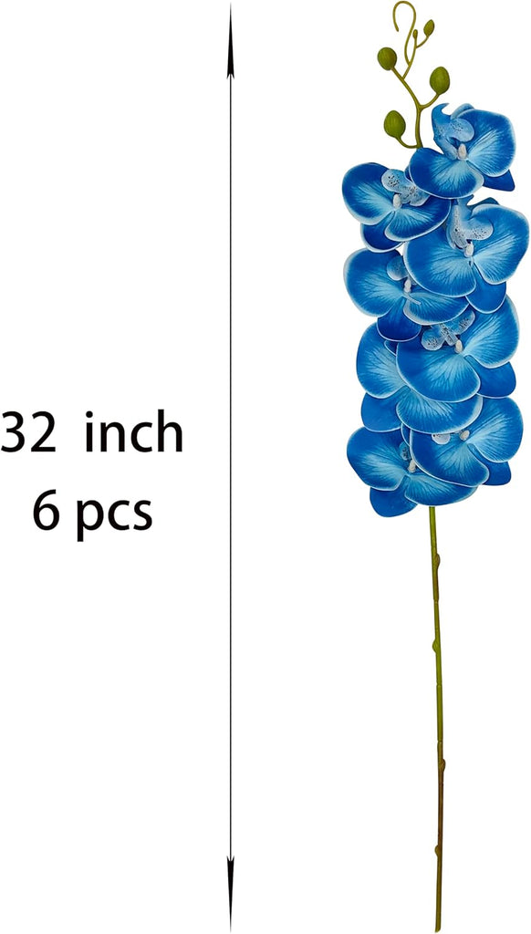 Blue Orchid Artificial Flowers Real Touch, 32'' Artificial Fake Faux Silk Orchid Stem Bouquets for Wedding - Set of 6