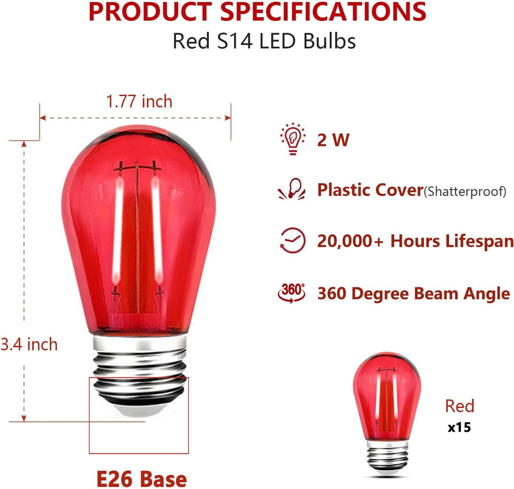 S14 LED Red Light Bulbs, Shatterproof Plastic 2 Watt