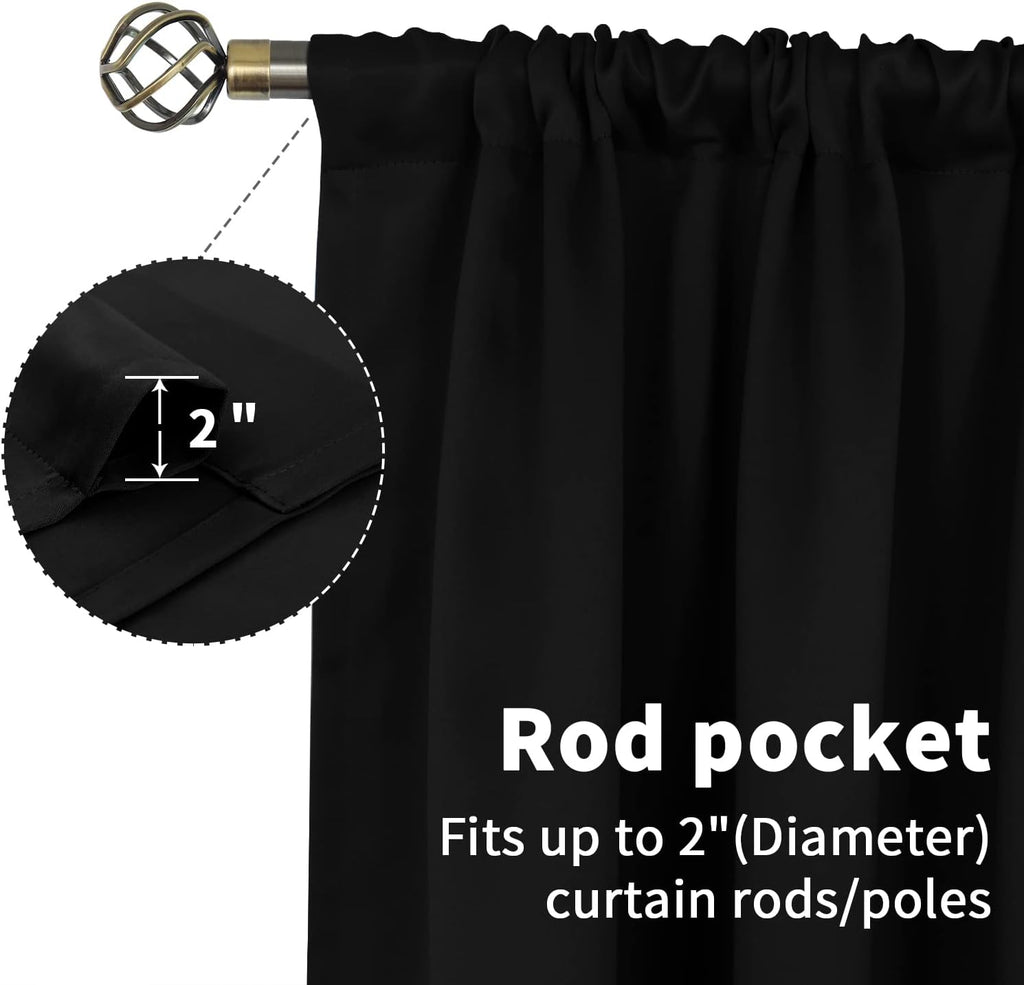Black Blackout Curtains 40 Inches Long for Kitchen Windows - Short Thermal Insulated Drapes with Rod Pocket Privacy