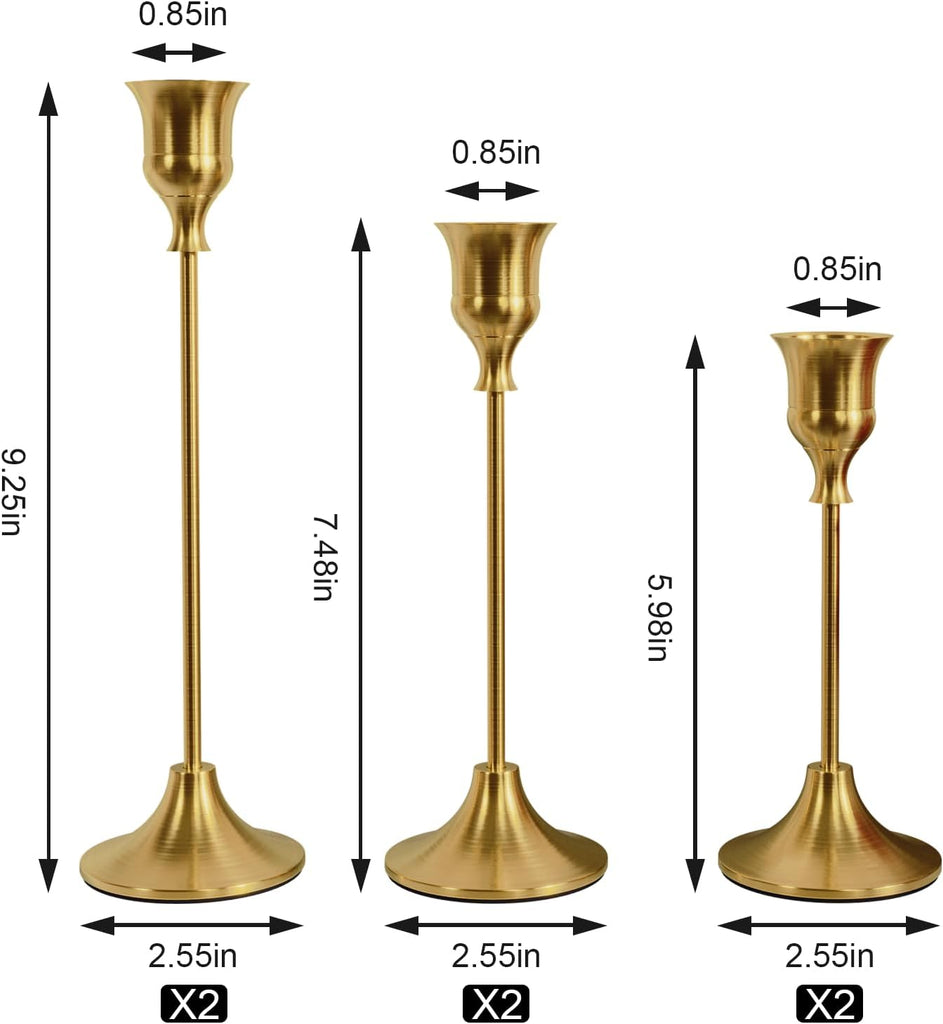 Set of 6 Brass Gold Candle Holders for Taper, Vintage Candlestick Holder Decorative Metal Candle Sticks Home Decor