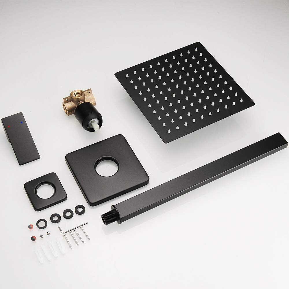 Matte Black Shower Faucet Set, Single Function Shower Trim Kit with Rough-in Valve, Square Rain Shower Head System