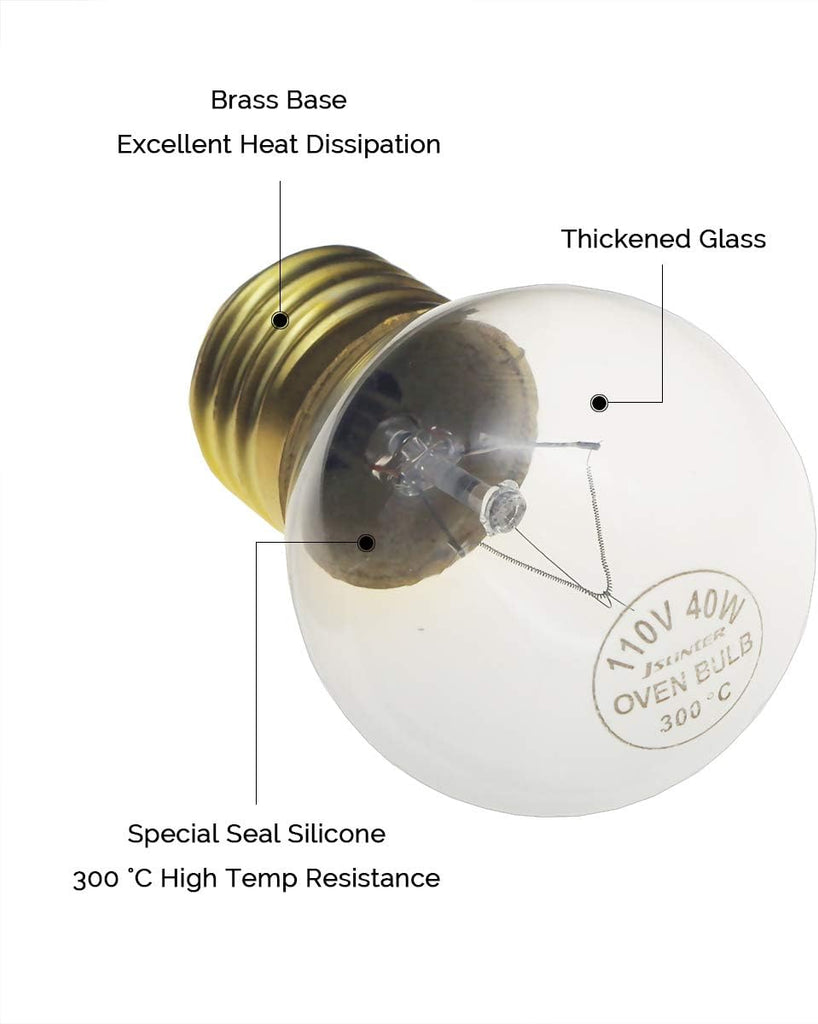 G45 High Temp Oven Light Bulb, 40 Watt 120V 570 °F, E26 Medium Base, 4-Pack