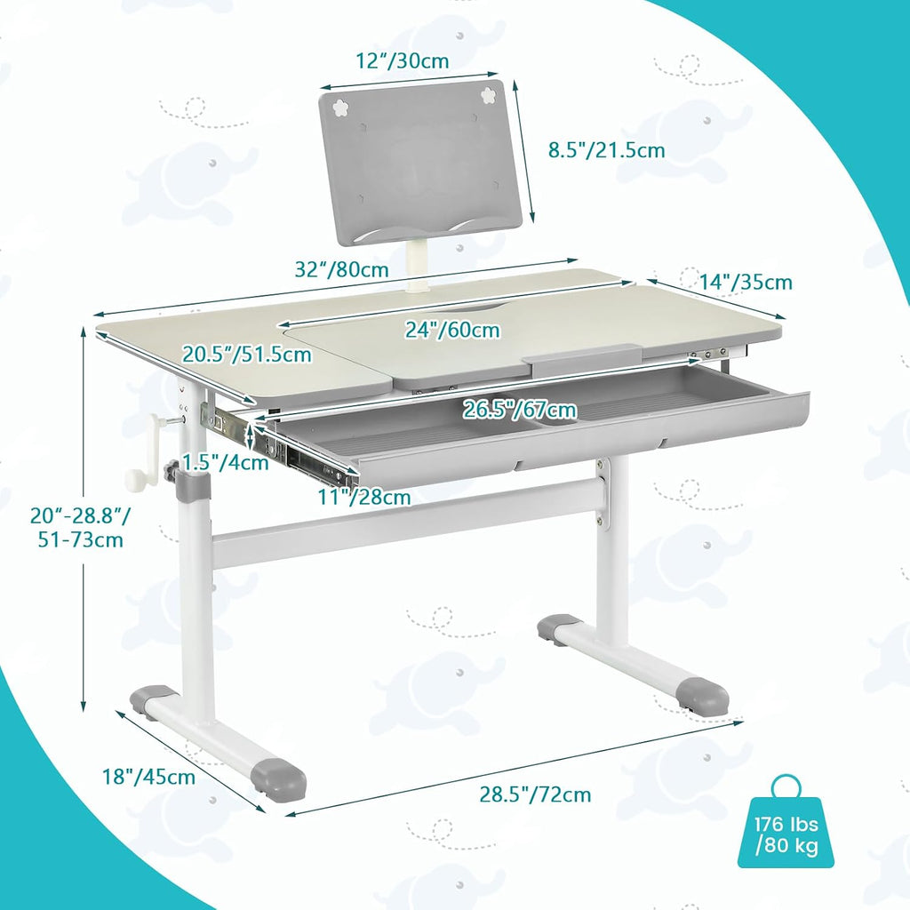 Children's Desk Height Adjustable Children's Desk Tilt Adjustable with Drawer & Measuring Ruler, Student Desk