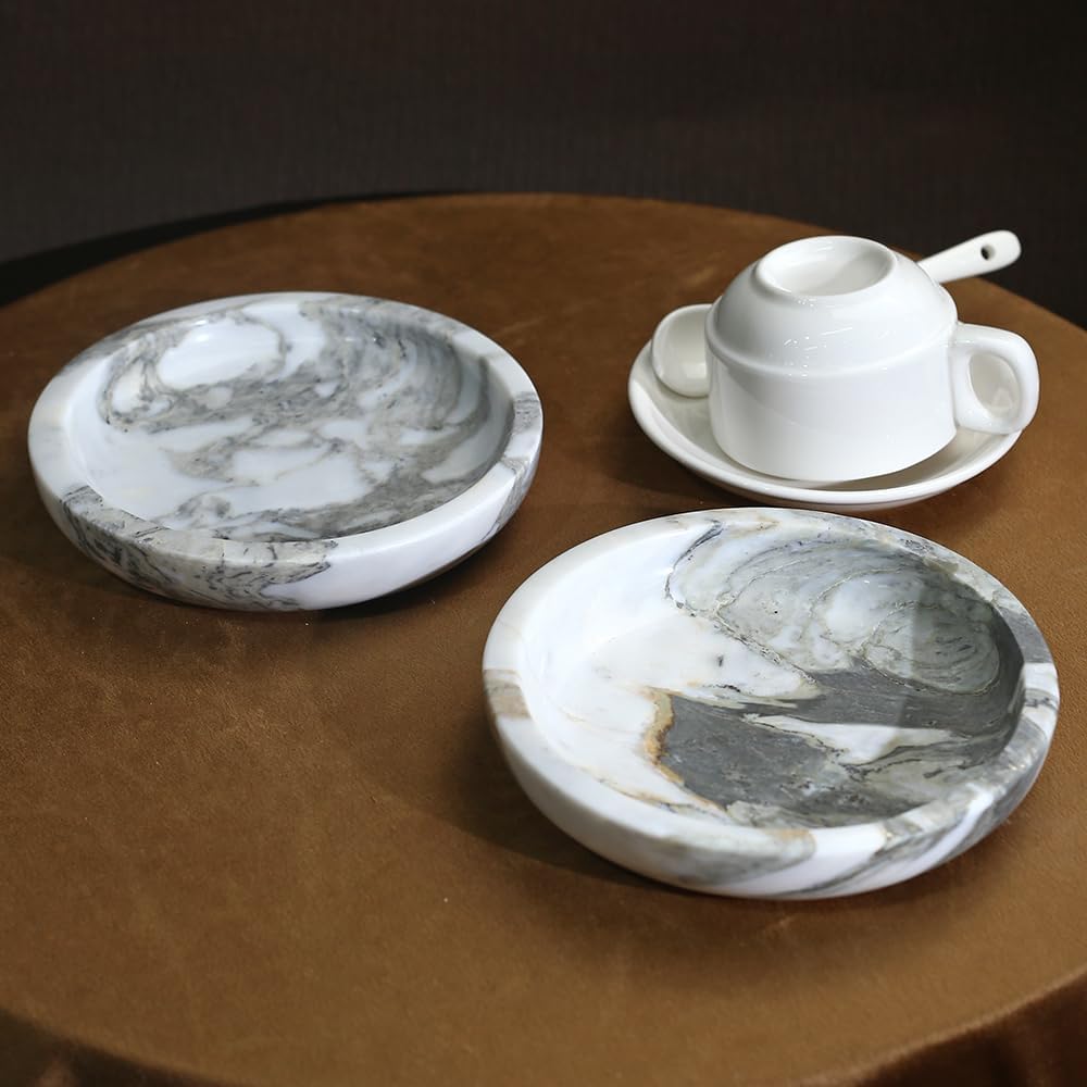 5.5" Marble Jewelry Tray for Vanity, Trinket Dish for Rings Earrings Necklace Keys, Natural Marble Decorative Tray