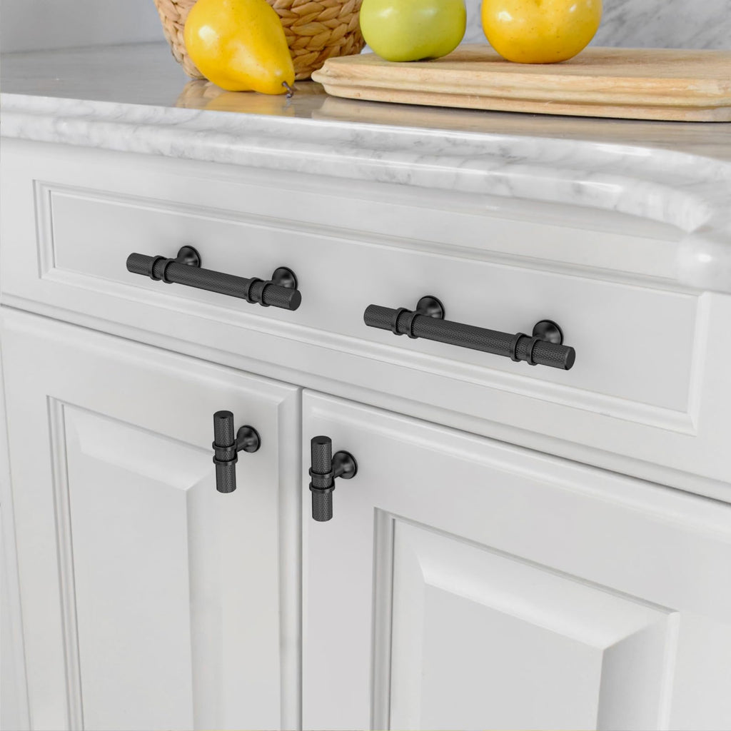 10 Pack Matte Black Cabinet Knobs 2 Inch Length Single Hole T Bar Kitchen Cabinet Knob Knurled Cabinet Pulls for