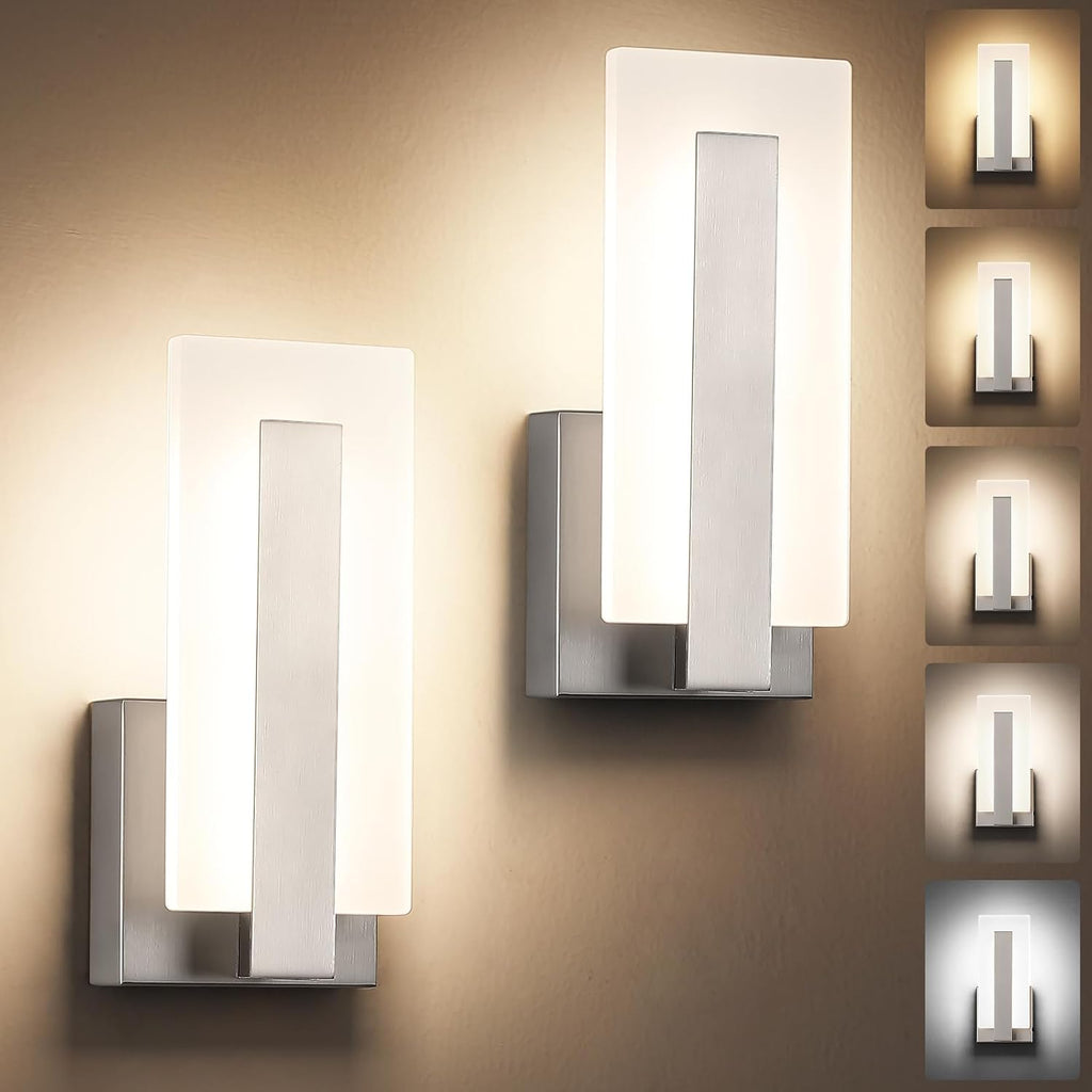 Modern LED Wall Sconces, Set of Two, 5CCT Dimmable Hardwired Wall Mounted Lights, 9.76 Inch Brushed Nickel Indoor