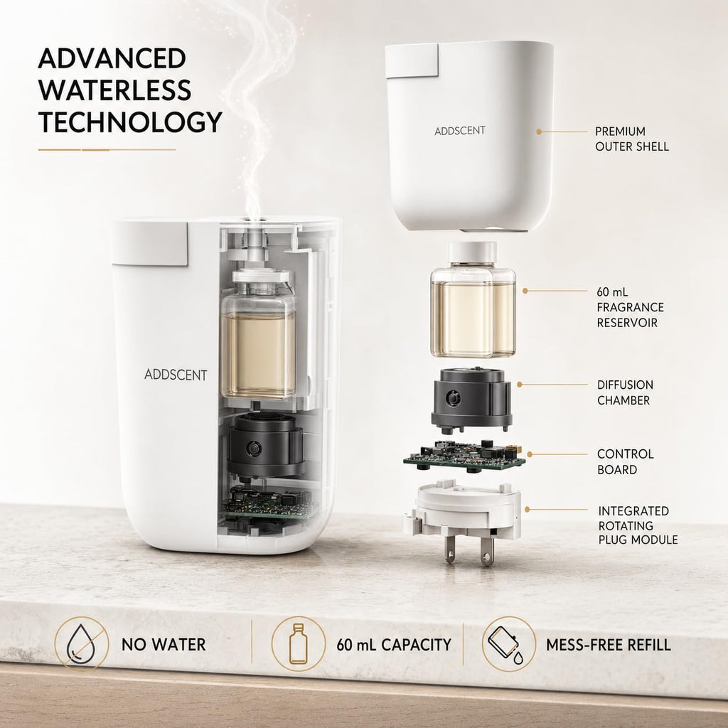 Atom Plug-in Fragrance Oil Diffuser, 60ml Capacity with Free 15ml Hotel Signature Fragrance Oil, Smart Timer