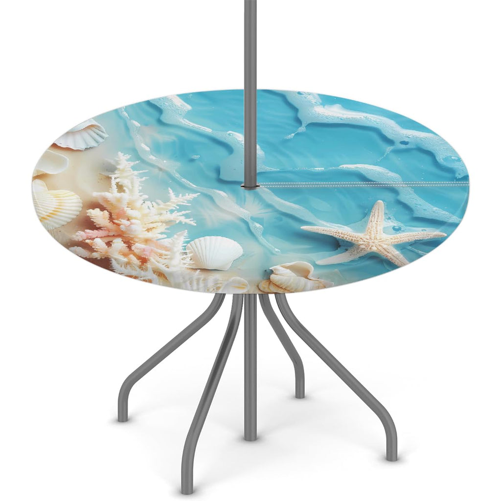 Costal Beach Sea Ocean Round Outdoor Tablecloth with Umbrella Hole 45-56 inch Patio Table Cover Hidden Zipper
