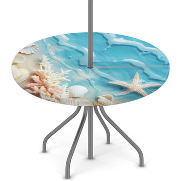 Costal Beach Sea Ocean Round Outdoor Tablecloth with Umbrella Hole 45-56 inch Patio Table Cover Hidden Zipper