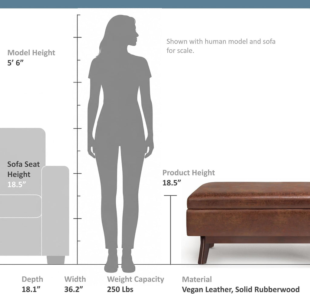 Owen 36" Wide Vegan Leather Lift Top Ottoman in Saddle Brown | Distressed saddle brown, mid-century modern lift-top
