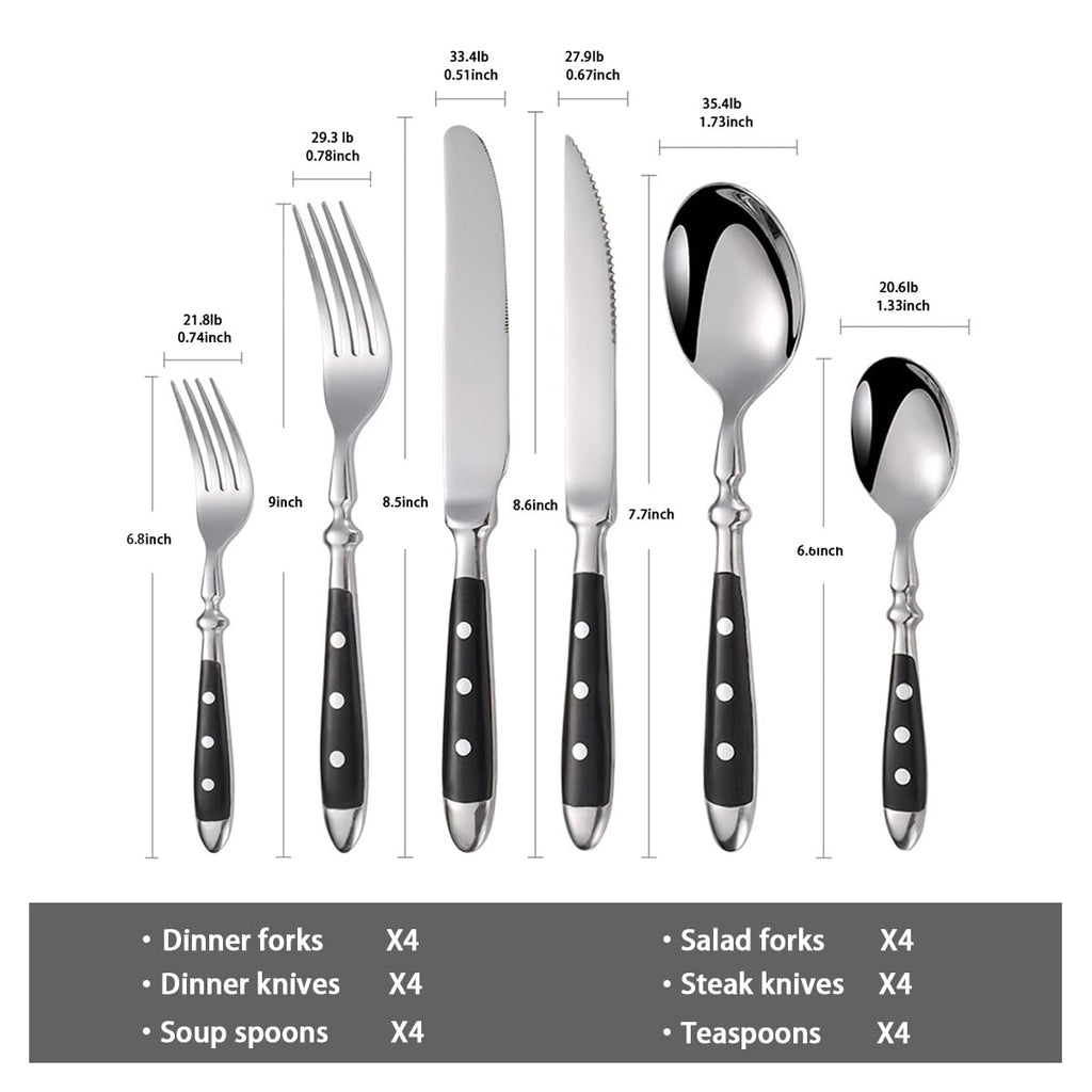 24-Piece 18/0 Stainless Steel Silverware set,Vintage Flatware set with Bakelite Handle,service for 4,Cutlery set