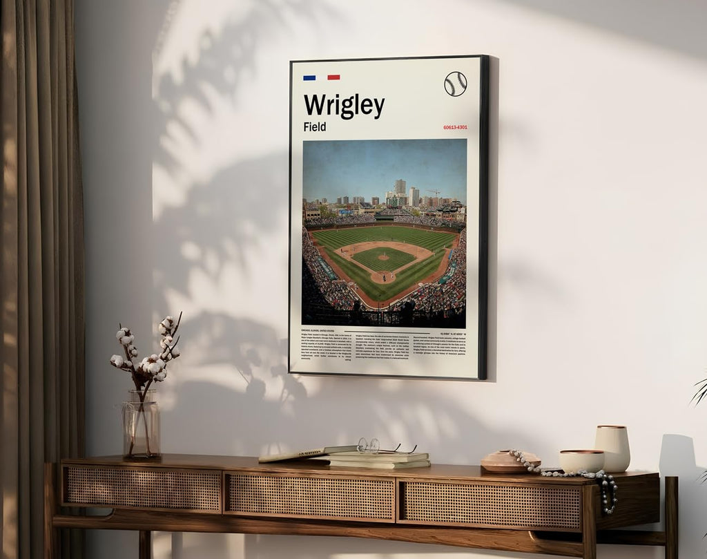 WrigleyField Stadium Poster (L36 xW24 Canvas) Chicago Bay Ballpark Wall Print - Cubs Retro Sports Poster - Gift for