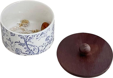 Ceramic Jewelry Box with Wood Lid Blue White Jewelry Case Ring Holder Trinket Vintage Floral Porcelain Round Jewelry
