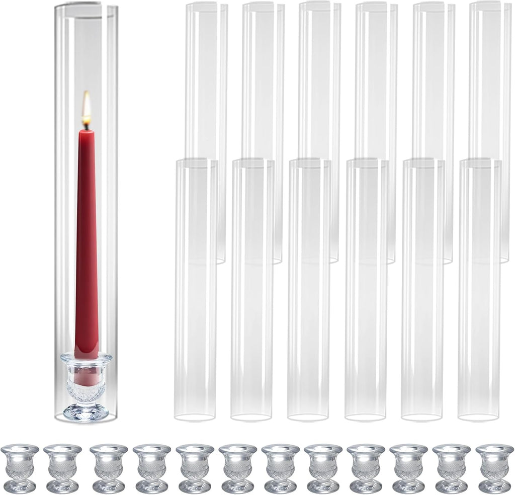 12-Pack Glass Hurricane Candle Holders - 13.78" Tall Clear Open-Ended Cylinders for Pillar Candles - Includes 2.36"