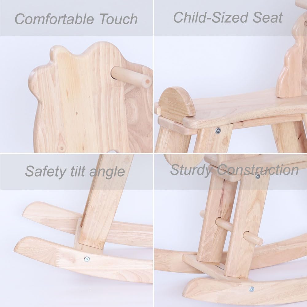 Natural Wooden Rocking Horse for Preschool (Ages 3-6) - Solid Rubber Wood, Safe & Comfortable Footrest, Supports
