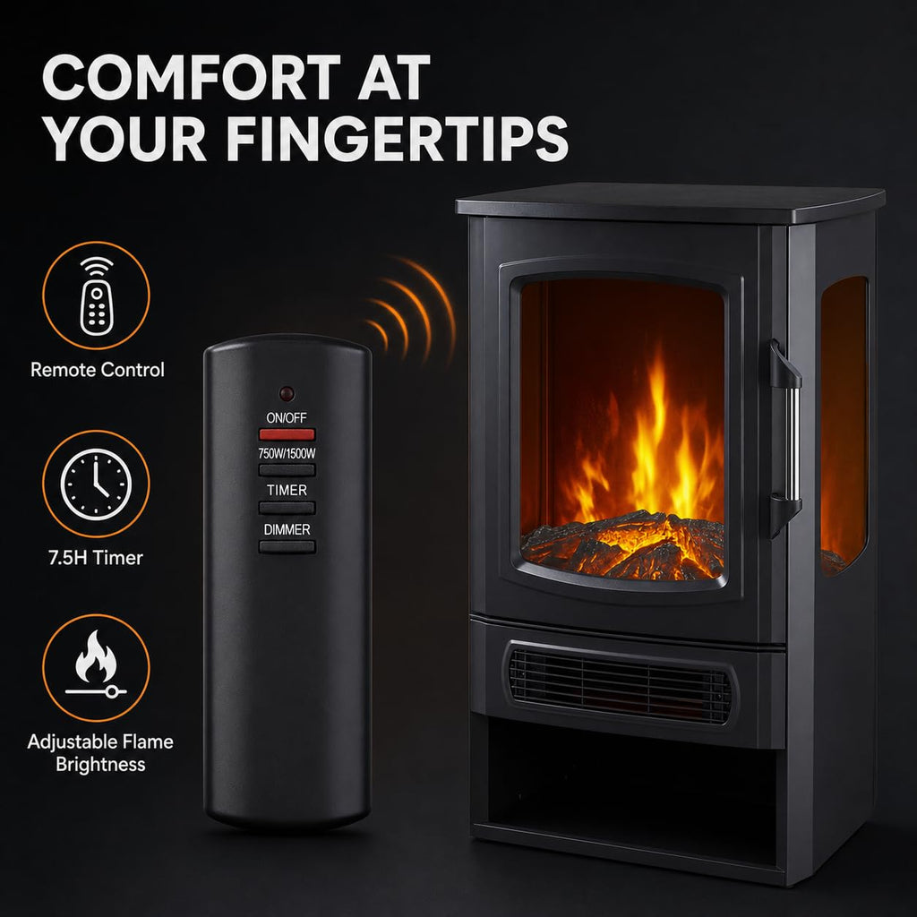 Three-Sided Electric Fireplace with Remote, 2-Stage with Heater, Thermostat & Timer, Iron+Glass+Plastic, Adjustable