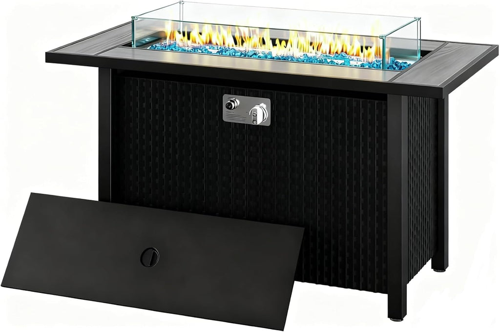 45 Inch Propane Fire Pit Table, 50,000 BTU Outdoor Gas Fire Pit for Patio & Backyard, 2-in-1 Firepit Dining Table with Glass Wind Guard, Blue Glass