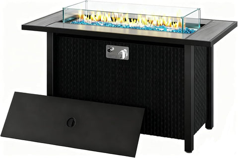 45 Inch Propane Fire Pit Table, 50,000 BTU Outdoor Gas Fire Pit for Patio & Backyard, 2-in-1 Firepit Dining Table with Glass Wind Guard, Blue Glass