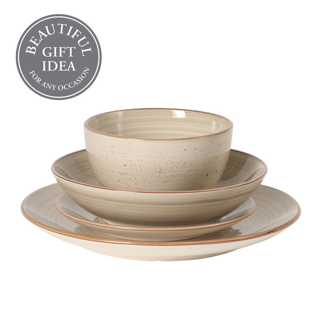 Stonebury 16 Piece Plates and Bowls Assorted Color Dishes - Handpainted Stoneware Dinnerware Set - Service for 4