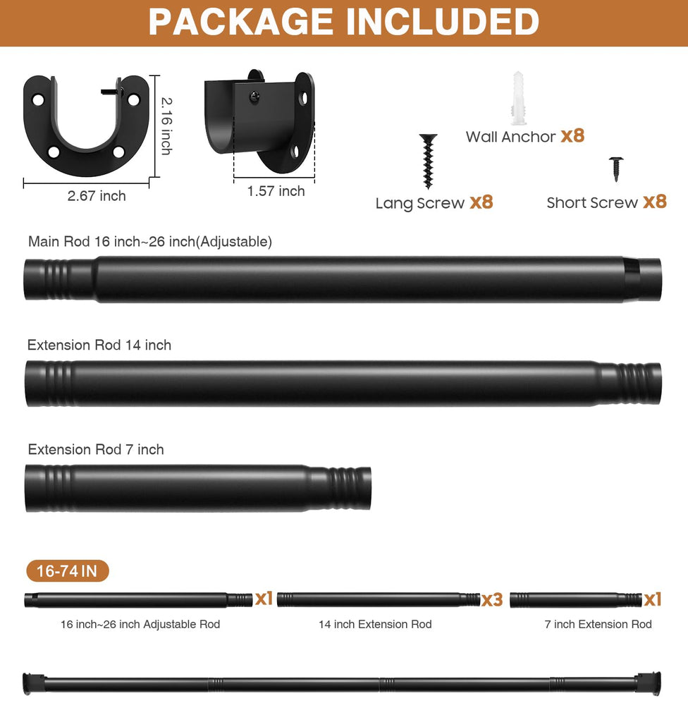 Closet Rods for Hanging Clothes, 16 to 74 Inch Stepless Adjustable Closet Rod, 1.3 Inch Heavy Duty Closet Hanging Rod