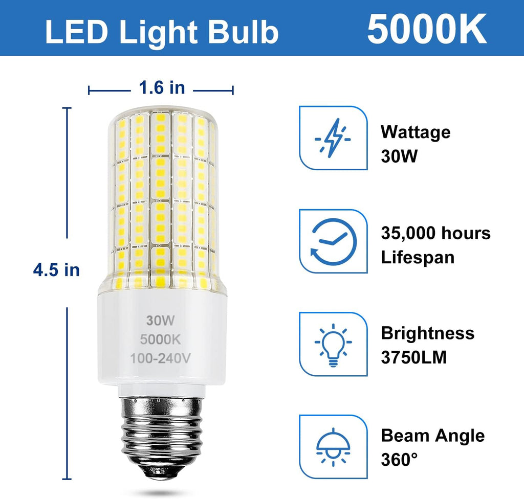 2 Pack Led Light Bulb Equivalent 250w Led bulbs 3750 Lumen 5000K Cool Daylight White 30W Waterproof Led Corn Light