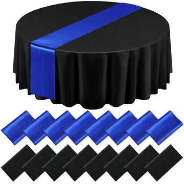 16 Pcs Black and Royal Blue Round Tablecloth and Satin Runner Set