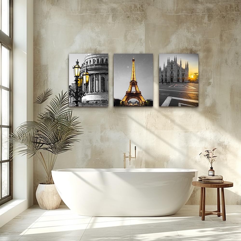 Black and white Architectural landscape Canvas Wall kitchen Wall Artworks Bedroom Decoration, 3 Piece framed bathroom