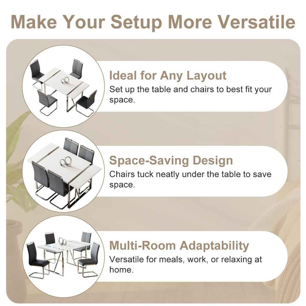 Dining Table Set for 4, White Rectangular MDF Kitchen Table and Leather Dining Chairs Set of 4, 5 Piece Dining Table