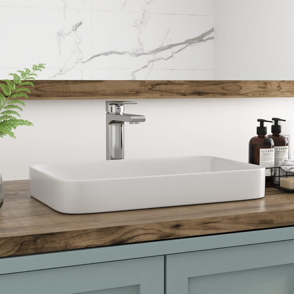 Bathroom Vessel Sink, 19'' x 12'' Semi Recessed Bathroom Sink Rectangular White Ceramic Vessel Sinks for Bathroom Modern Bath Sink Bowl Vanity Sinks Above Counter Basin A131-B0C38TDQ47