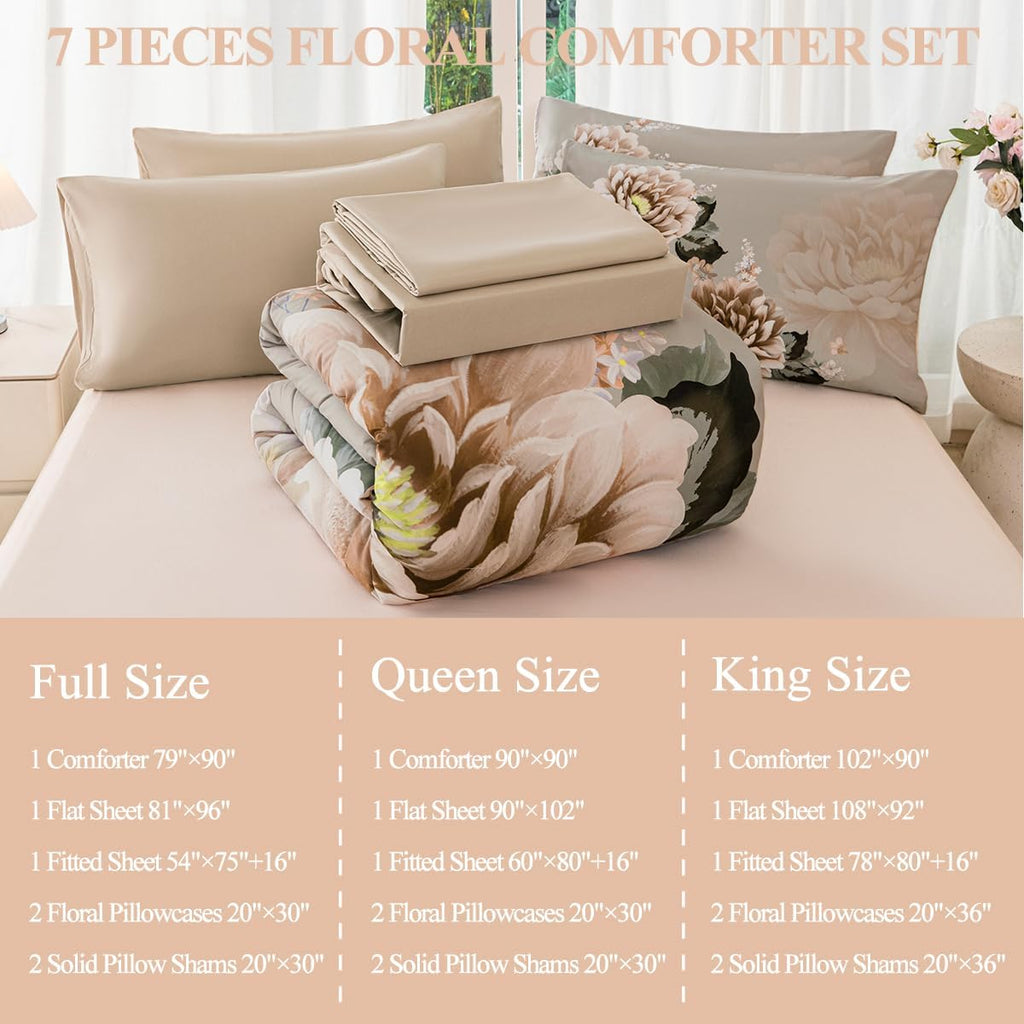 Comforter Set Full Khaki Floral Bedding Set 7 Pieces Flower Bed Set with Sheets Reversible Large Peony Printed On